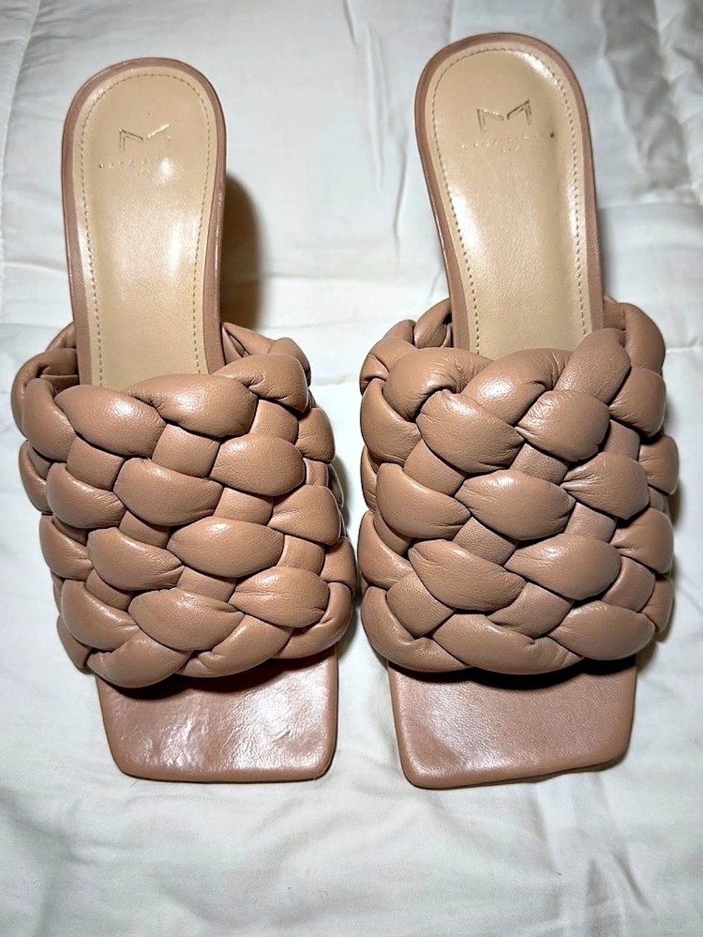 Marc Fisher LTD Dakina Braided Leather Mule Heel Sandal Taupe Nude Size 10